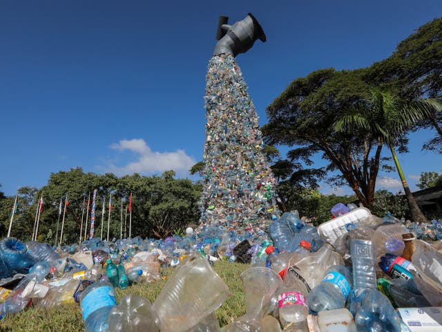 <p>A giant sculpture made of waste plastics by Canadian activist and artist Benjamin von Wong at the UN Environment Programme (UNEP) Headquarters in Nairobi, Kenya</p>