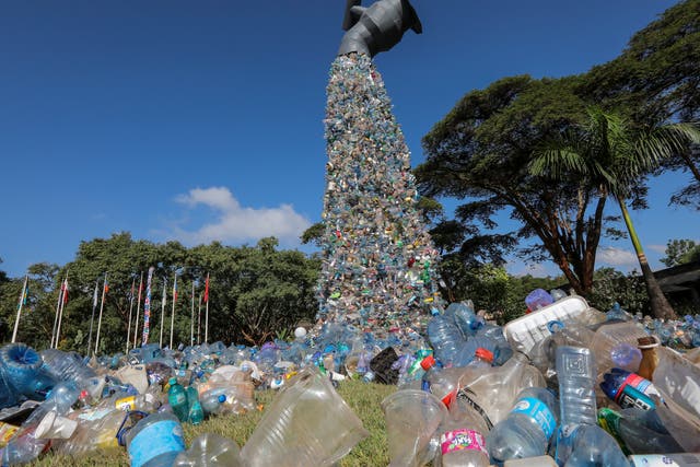 <p>A giant sculpture made of waste plastics by Canadian activist and artist Benjamin von Wong at the UN Environment Programme (UNEP) Headquarters in Nairobi, Kenya</p>