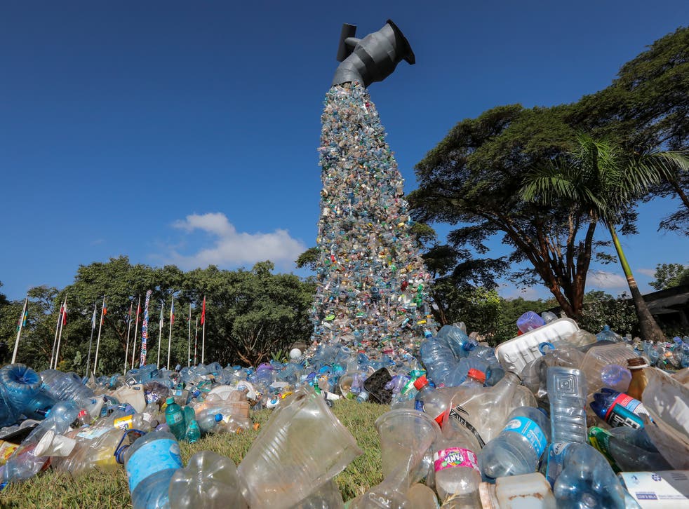 <p>A giant sculpture made of waste plastics by Canadian activist and artist Benjamin von Wong at the UN Environment Programme (UNEP) Headquarters in Nairobi, Kenya</p>