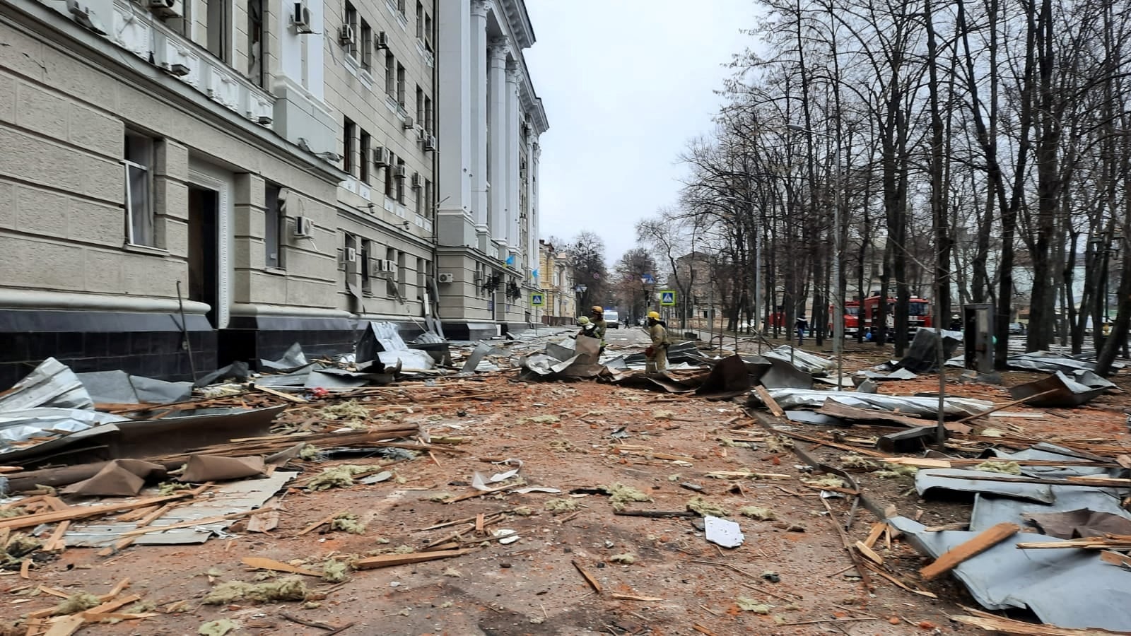The area near a regional police department building after shelling in Kharkiv