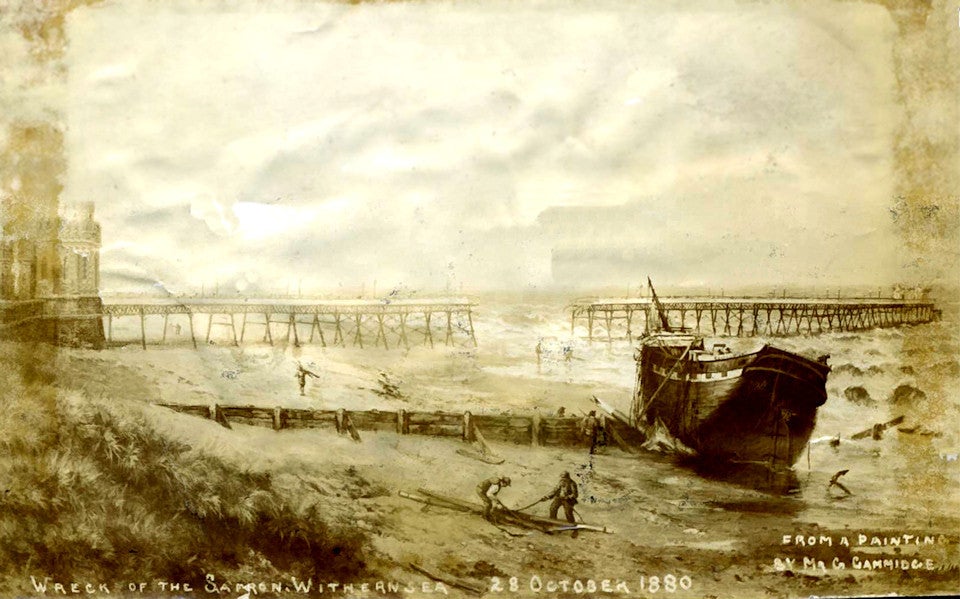 A painting of the damage caused by Saffron, a coal barge which ripped a 200-ft chunk out of the middle of the pier