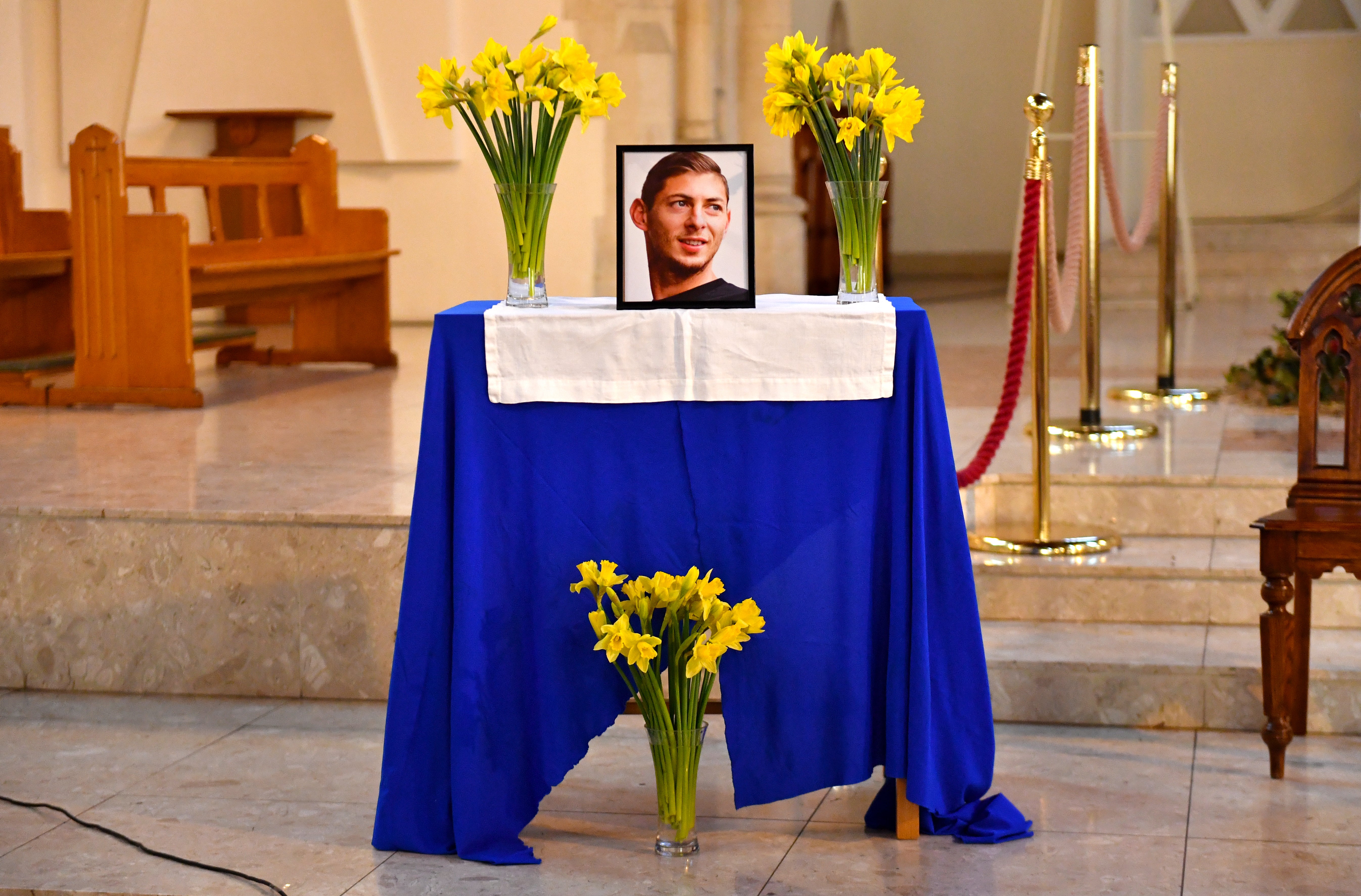 A portrait of Emiliano Sala is displayed at St David’s Cathedral, Cardiff (Jacob King/PA)