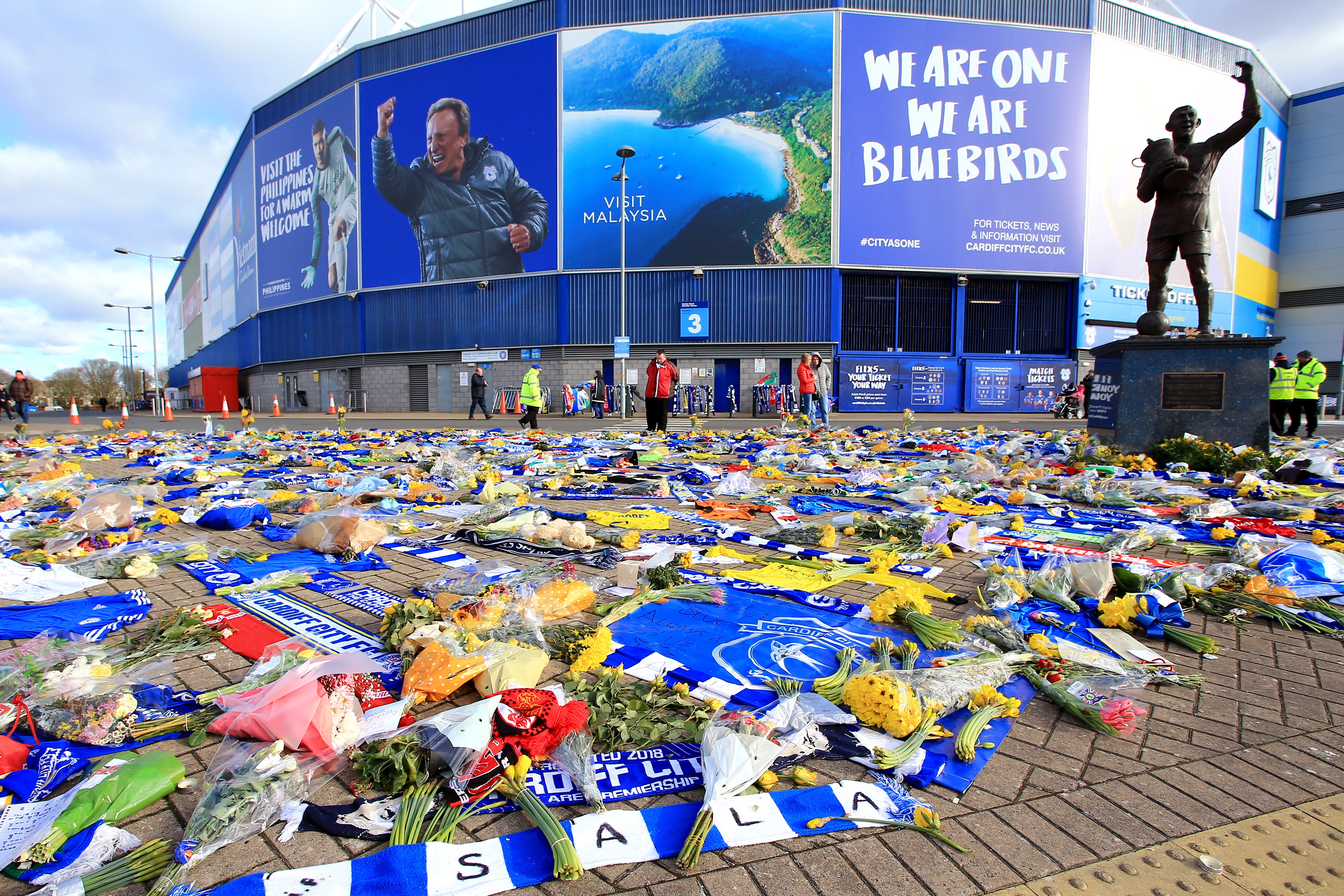 Fans left tributes to Emiliano Sala outside Cardiff’s stadium (Ben Birchall/PA)