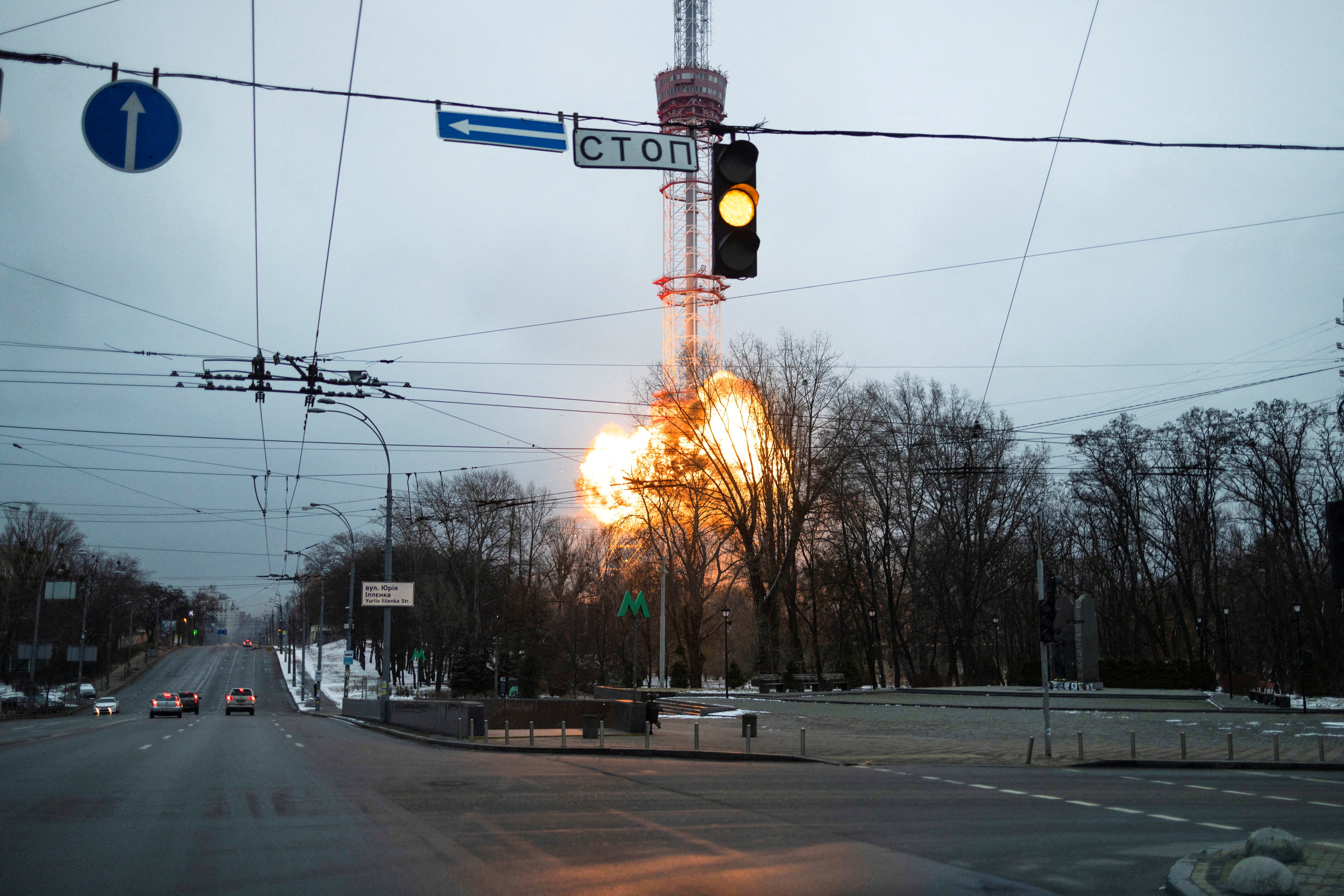 A blast is seen in the TV tower, amid Russia's invasion of Ukraine, in Kyiv, Ukraine on 1 March 2022.