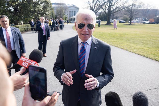 <p>President Joe Biden speaks to reporters about Russia’s ongoing invasion of Ukraine as he departs the White House on 2 March 2022</p>