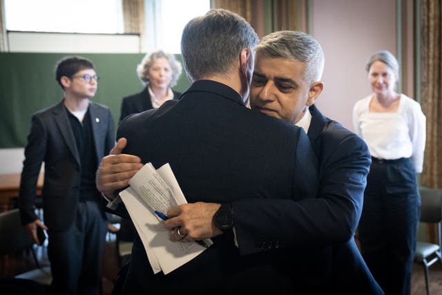 Mayor of London Sadiq Khan meets Ukrainian ambassador Vadym Prystaiko at the Ukrainian Institute in west London (Stefan Rousseau/PA)