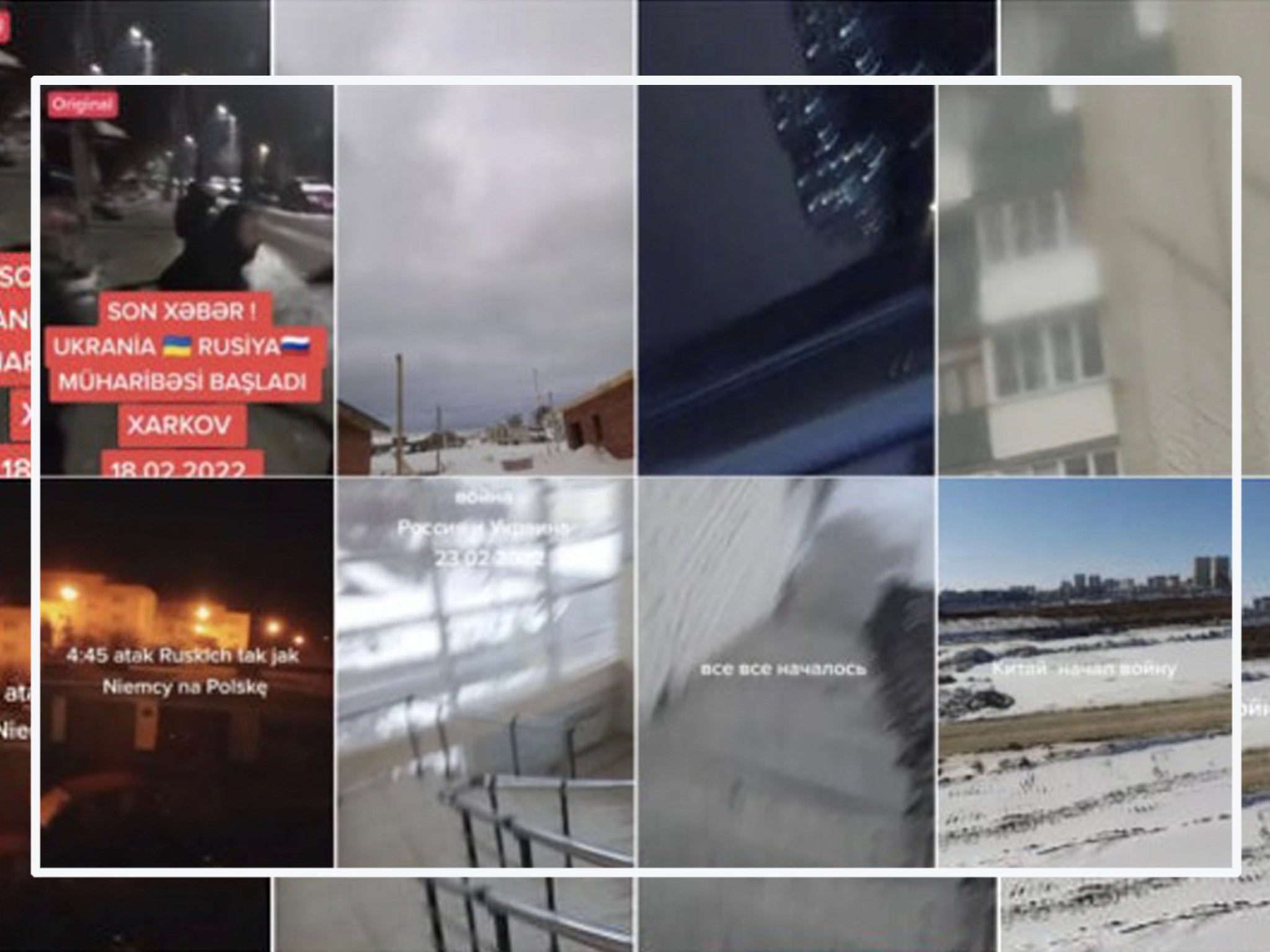 A collage of TikTok videos, supposedly from Ukraine, all using the same audio clip