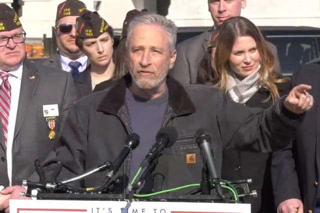 <p>Jon Stewart speaking on Wednesday about veterans and war toxins  </p>