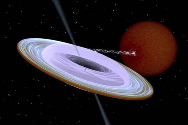 <p>Artist’s impression of a binary star system MAXI J1820+070, featuring a black hole spinning on its side relative to its orbit</p>
