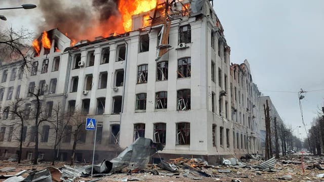 <p>A photo released by the press service of the State Emergency Service of Ukraine shows a fire in a building of the Security Service of Ukraine (SBU) after shelling in Kharkiv</p>