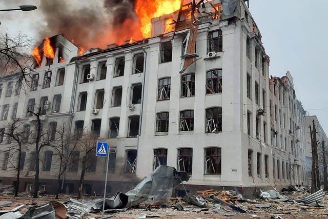 <p>A photo released by the press service of the State Emergency Service of Ukraine shows a fire in a building of the Security Service of Ukraine (SBU) after shelling in Kharkiv</p>