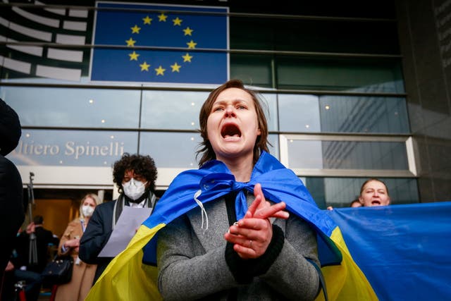 <p>A woman supporting Ukraine outside the European parliament in Brussels on Monday</p>