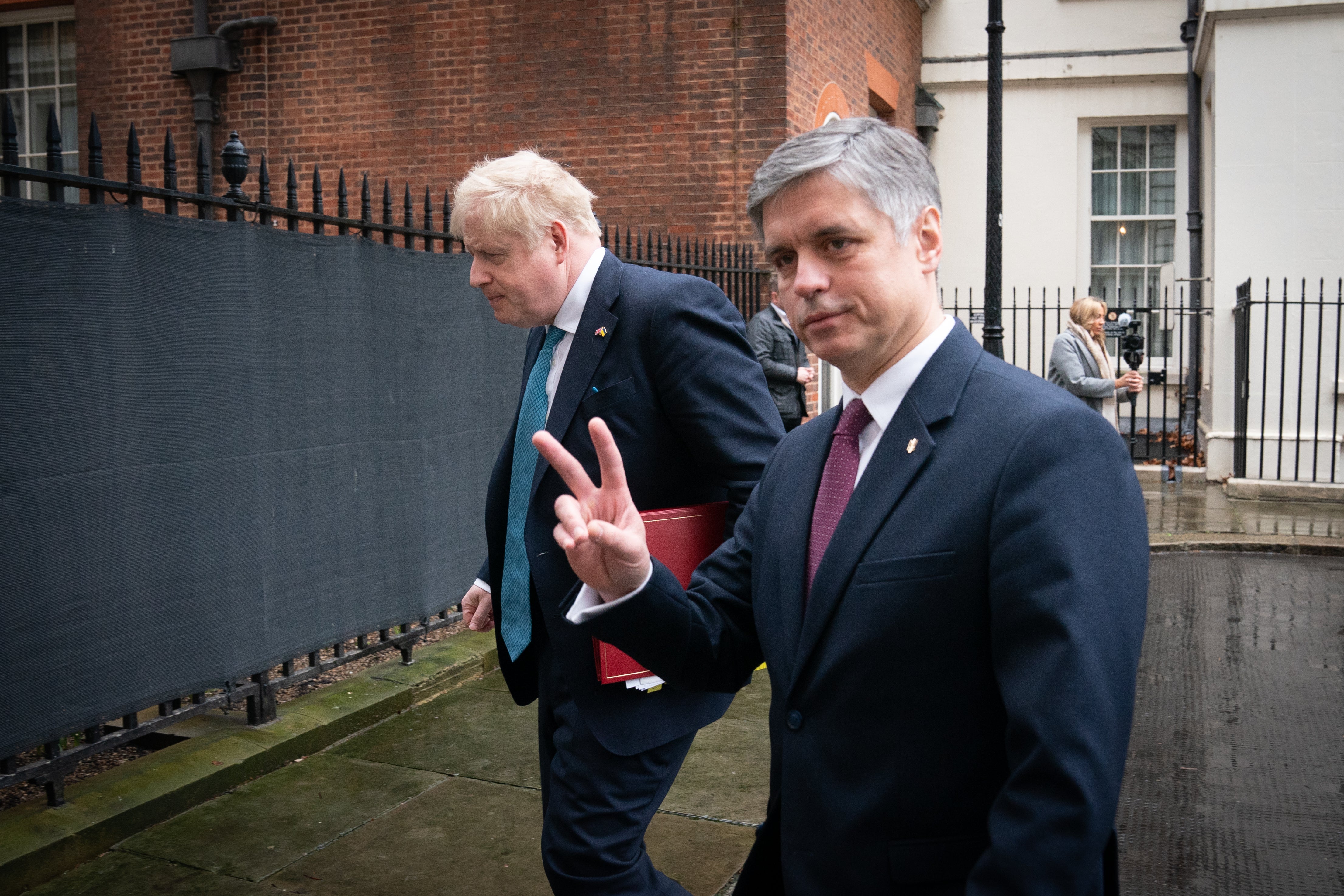 Prime Minister Boris Johnson leaves 10 Downing Street, London, with ambassador of Ukraine to the UK Vadym Prystaiko, to attend Prime Minister’s Questions (Stefan Rousseau/PA)