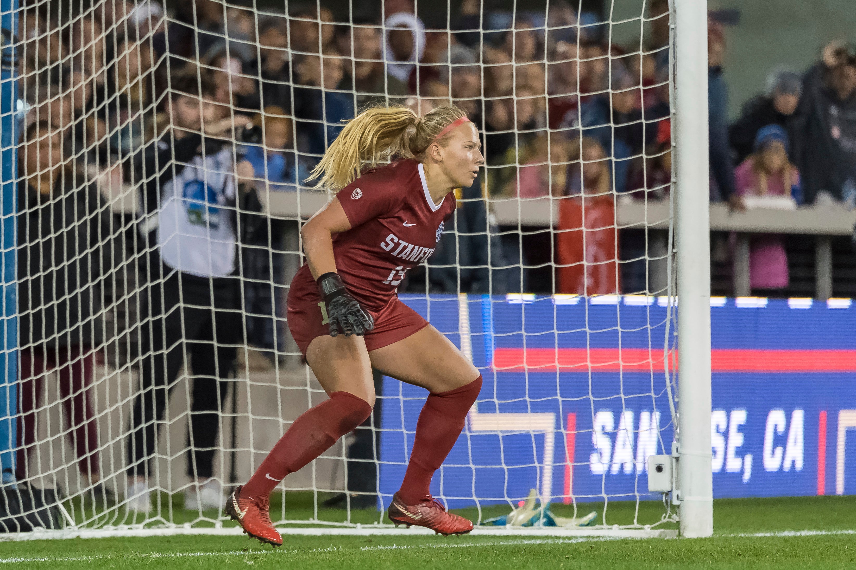 In a photo provided by Stanford Athletics, Stanford goalkeeper Katie Meyer guards the goal against North Carolina in the NCAA soccer tournament championship match Dec. 8, 2019, in San Jose, Calif.