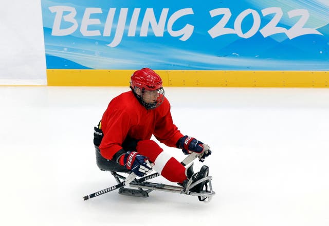 <p>A Russian para ice hockey player trains in Beijing on Thursday before the U-turn</p>