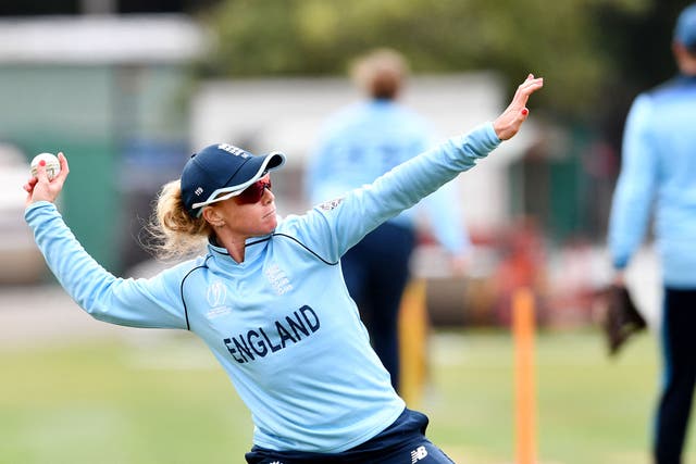 <p>England’s Lauren Winfield-Hill during a warm-up ahead of the World Cup</p>