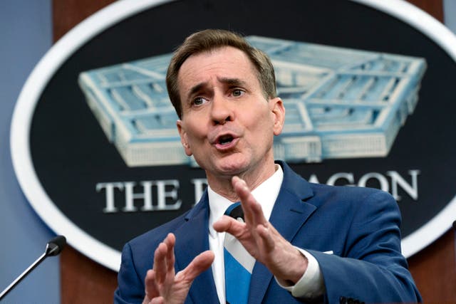 <p>Spokesman John Kirby speaks during a briefing at the Pentagon</p>