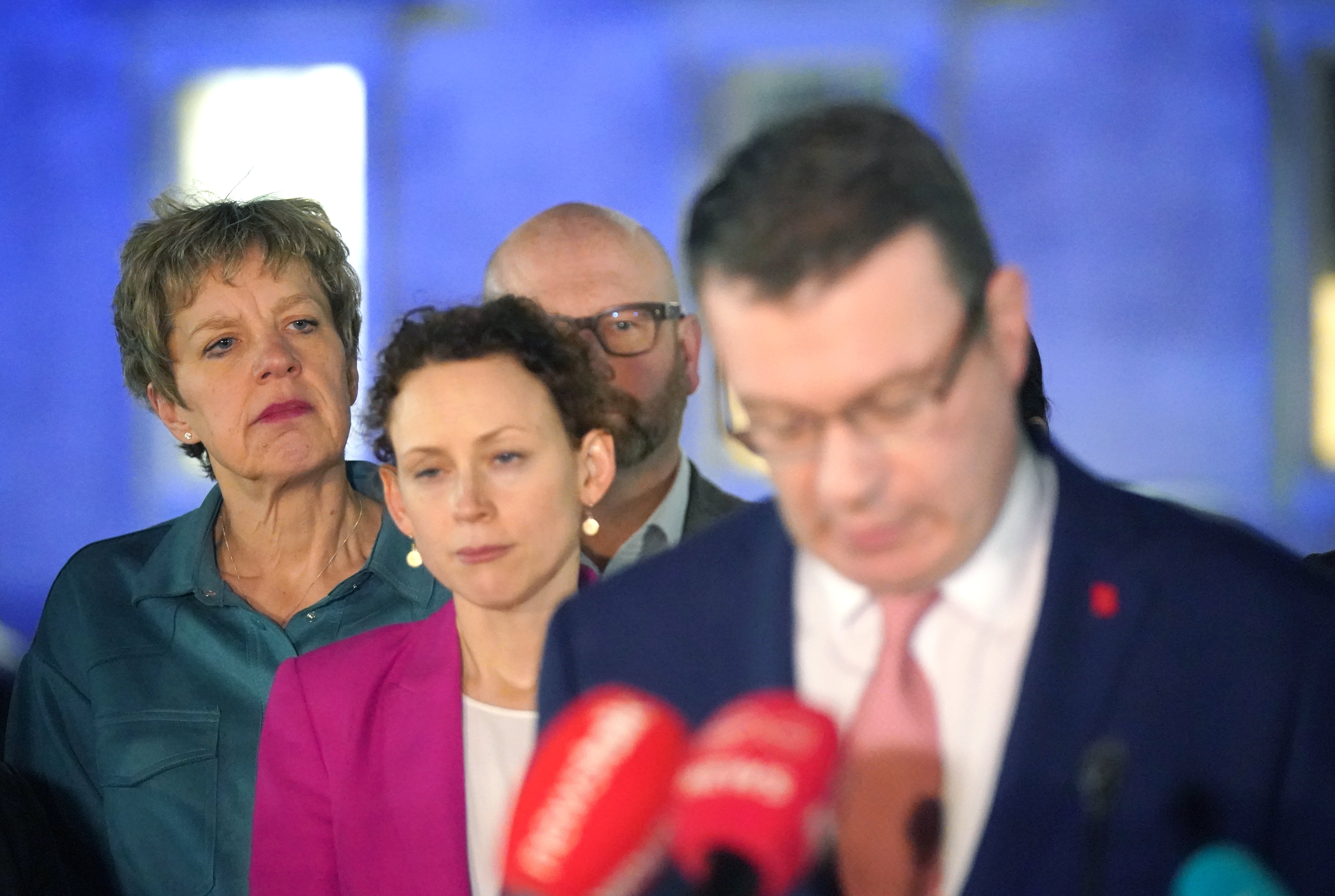 TD Ivana Bacik (far left) listens to Labour Party leader Alan Kelly’s resignation speech (Niall Carson/PA)