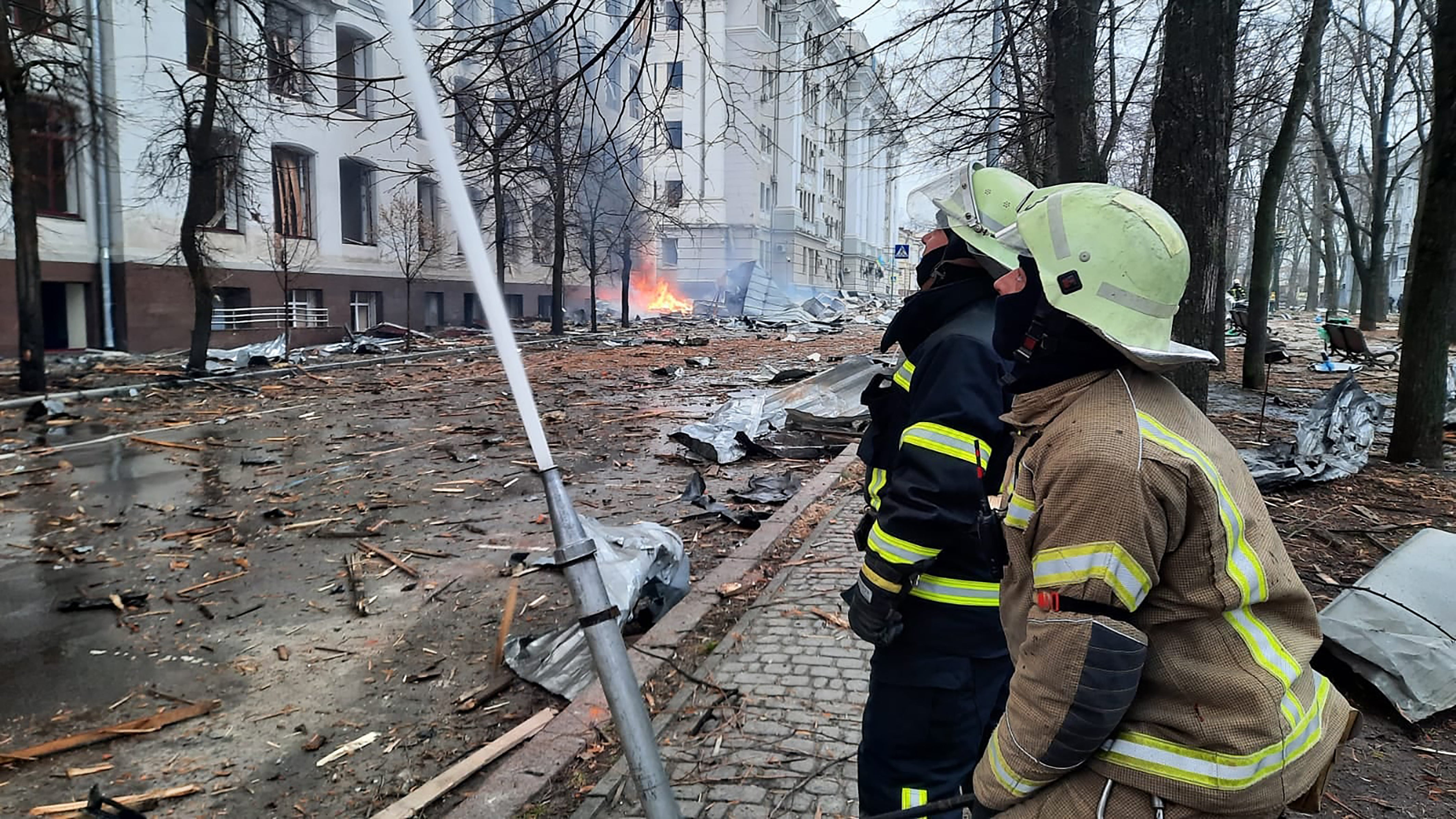Firefighters tackling a blaze at a Kharkiv University faculty building caused by a Russian missile strike, according to the State Emergency Service of Ukraine