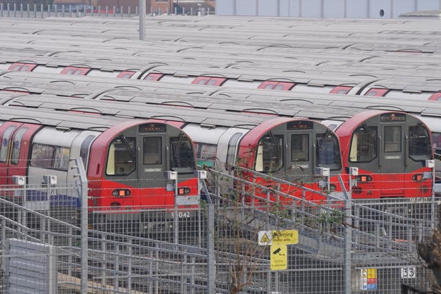 Jubilee line trains parked at the London Underground Stratford Market Depot in east London during the strike (Stefan Rousseau/PA)