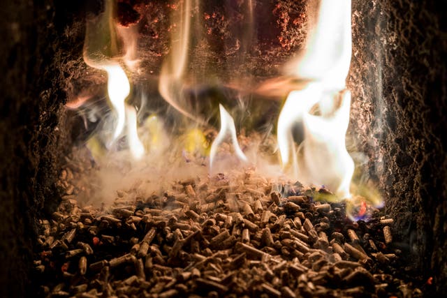 Pellets burning inside a biomass boiler on the farm of poultry farmer Ronnie Wells outside Moira, Co. Down. The boiler was purchased with the aid of the Northern Irish version of the Renewable Heat Incentive. A public inquiry into the Stormont government’s botched handling of the scheme is due to publish its report tomorrow.