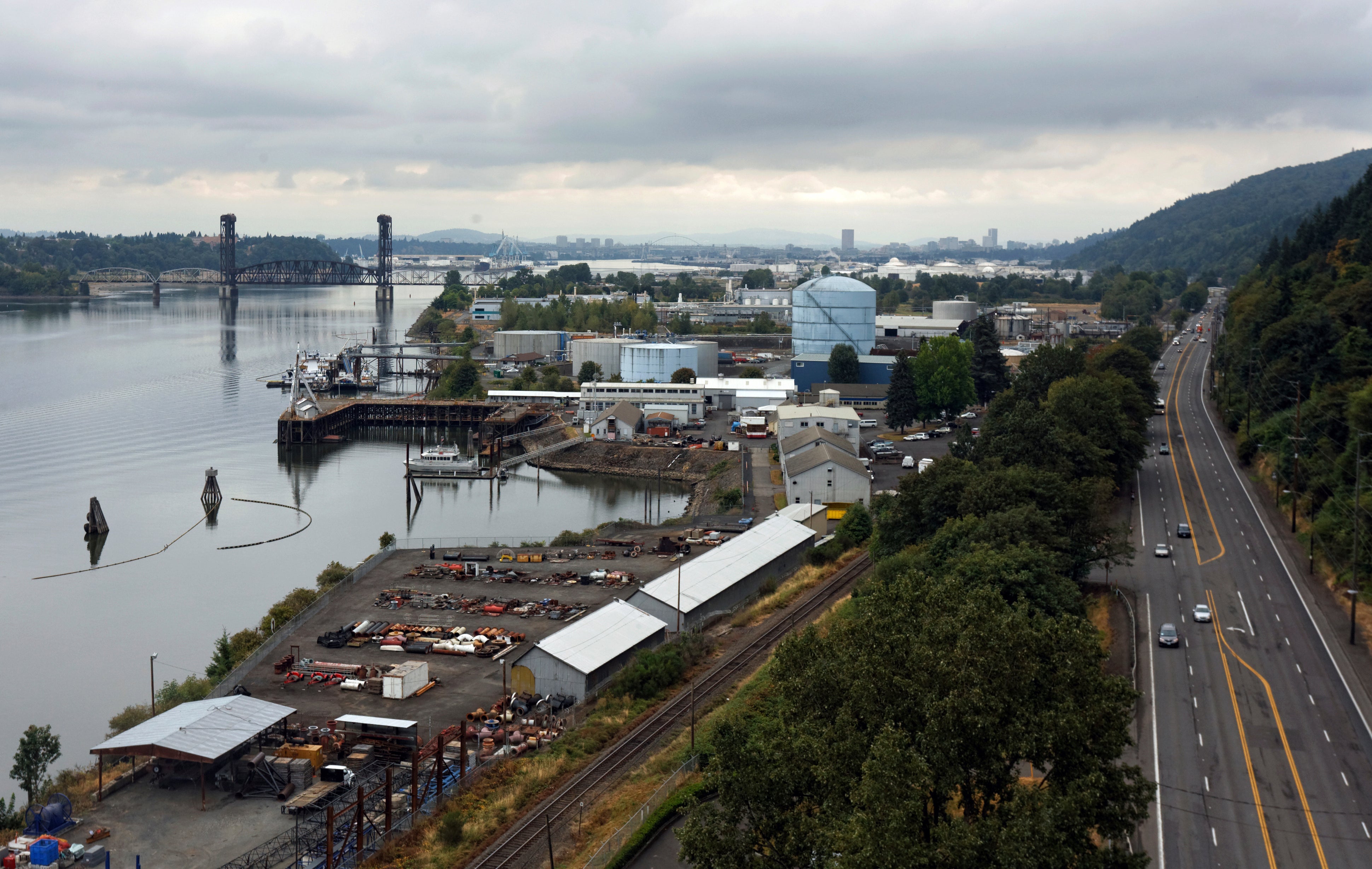 <p>The oil tank farm which lies along a six-mile stretch of the Willamette River in Portland, Oregon</p>