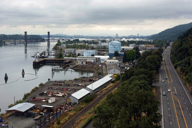 <p>The oil tank farm which lies along a six-mile stretch of the Willamette River in Portland, Oregon</p>