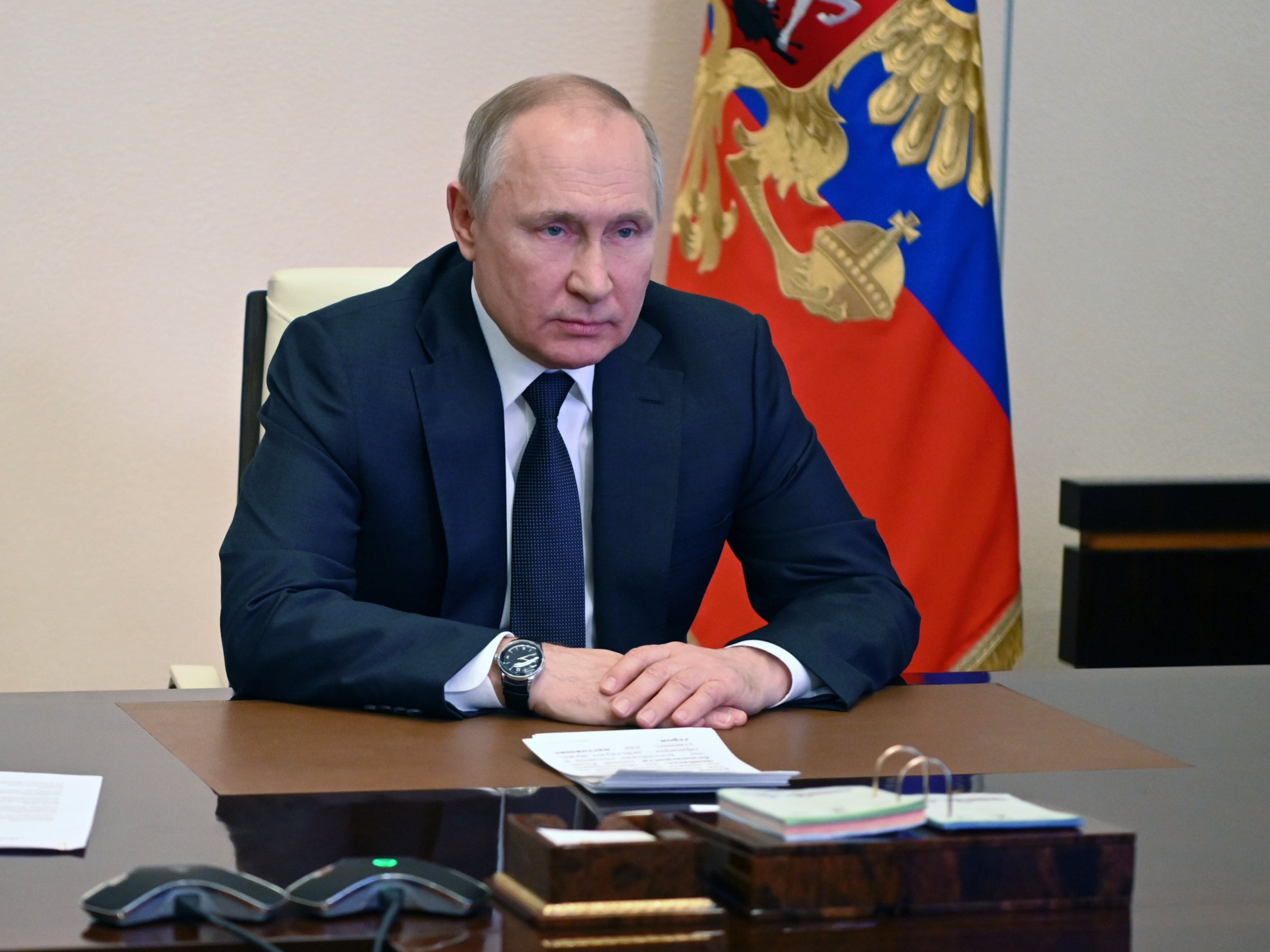 <p>Vladimir Putin on his teleconference call with members of his Russian Security Council on Thursday </p>