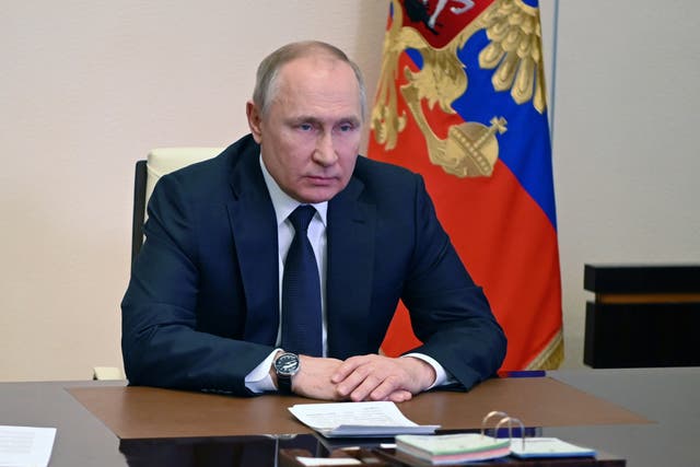 <p>Vladimir Putin on his teleconference call with members of his Russian Security Council on Thursday </p>