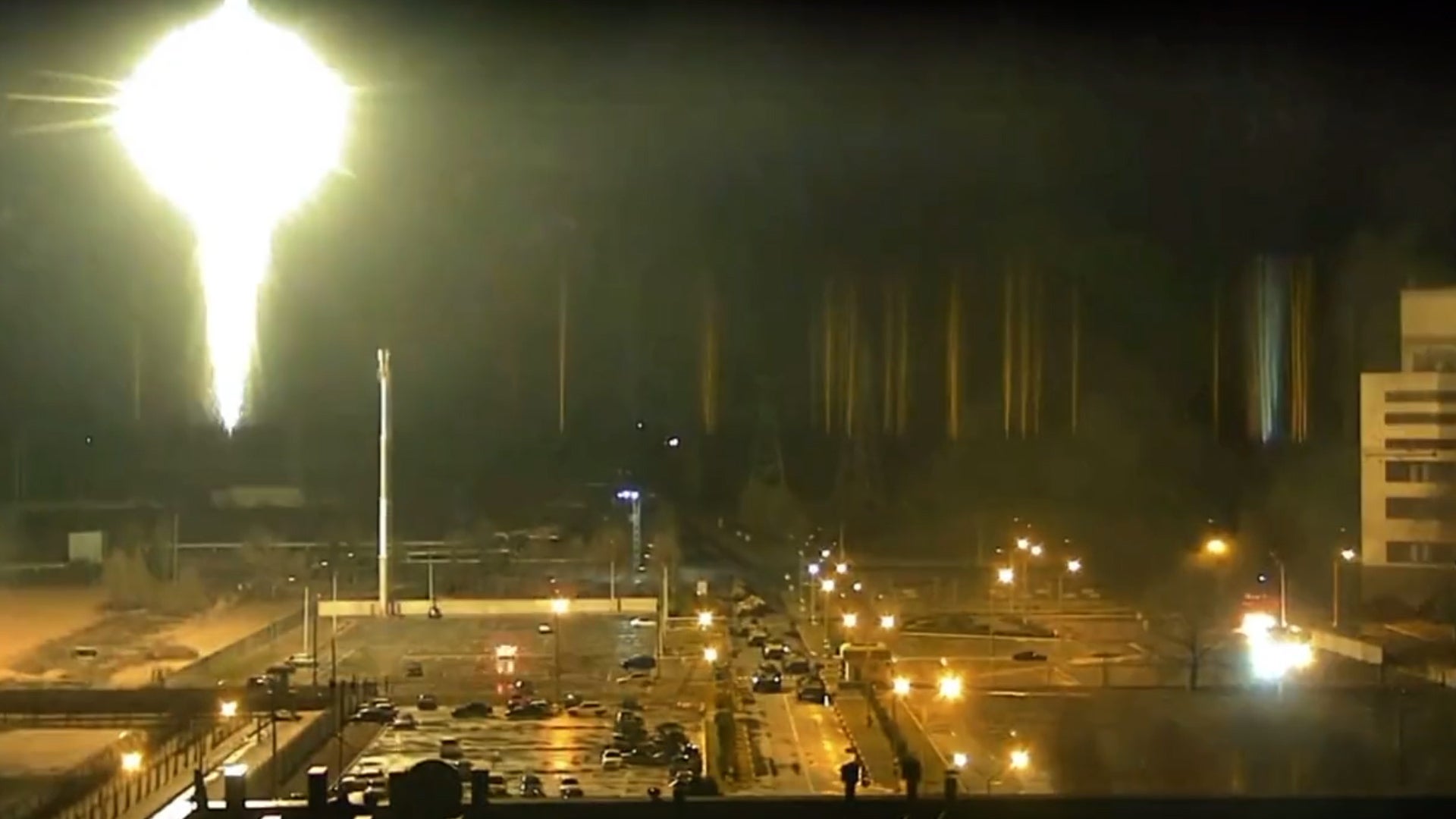 Zaporizhzhia nuclear power plant pictured in a live stream during a reported attack by Russian troops