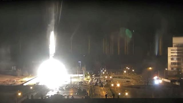 <p>Surveillance camera footage shows a flare landing at the Zaporizhzhia nuclear power plant during shelling in Enerhodar, Zaporizhia blast</p>