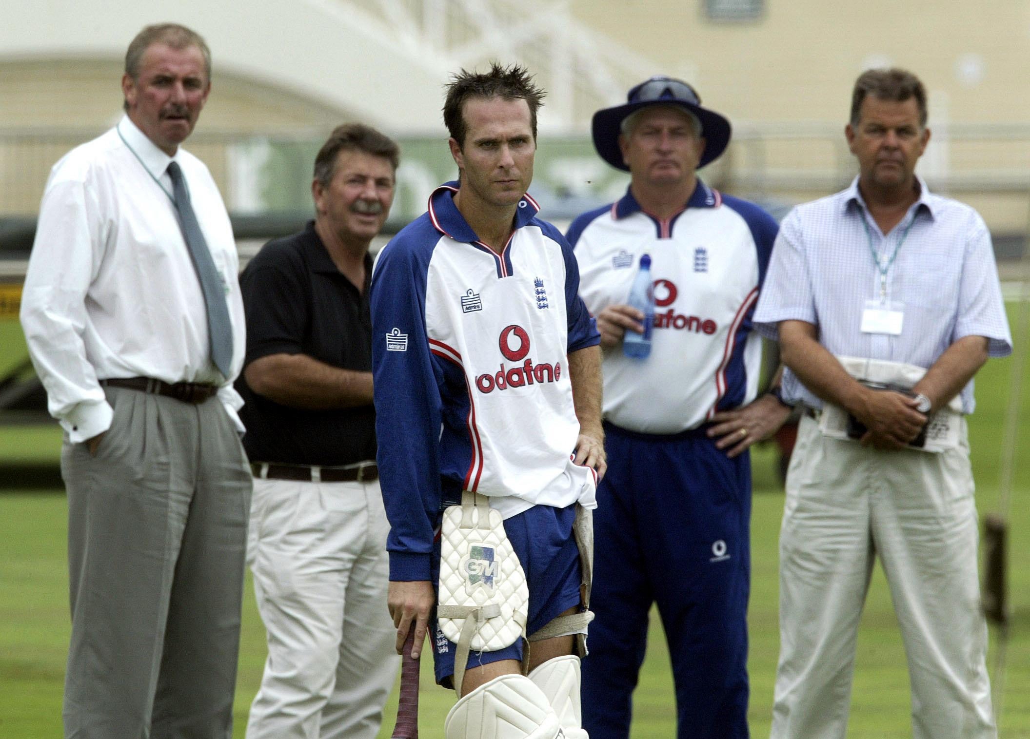 England captain Michael Vaughan with Marsh (second left) behind him in Nottingham (PA)
