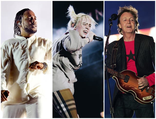 <p>Glastonbury 2022 headliners (from left) Kendrick Lamar, Billie Eilish and Paul McCartney</p>