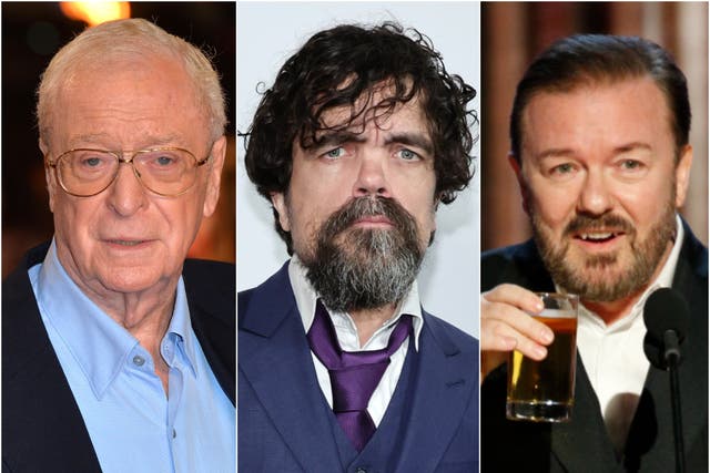 <p>L-R: Michael Caine, Peter Dinklage and Ricky Gervais</p>