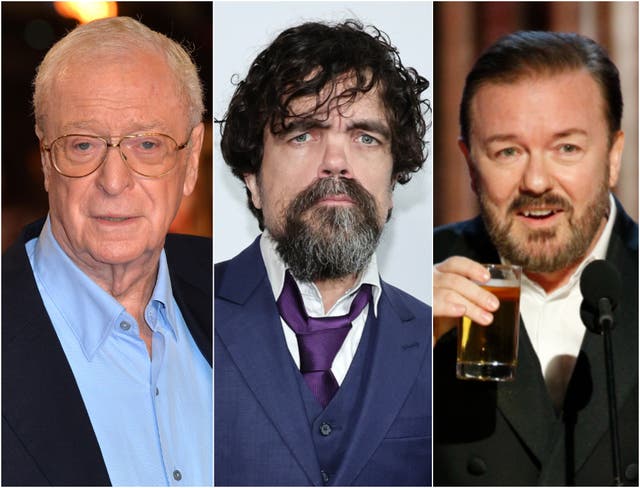 LR: Michael Caine, Peter Dinklage y Ricky Gervais