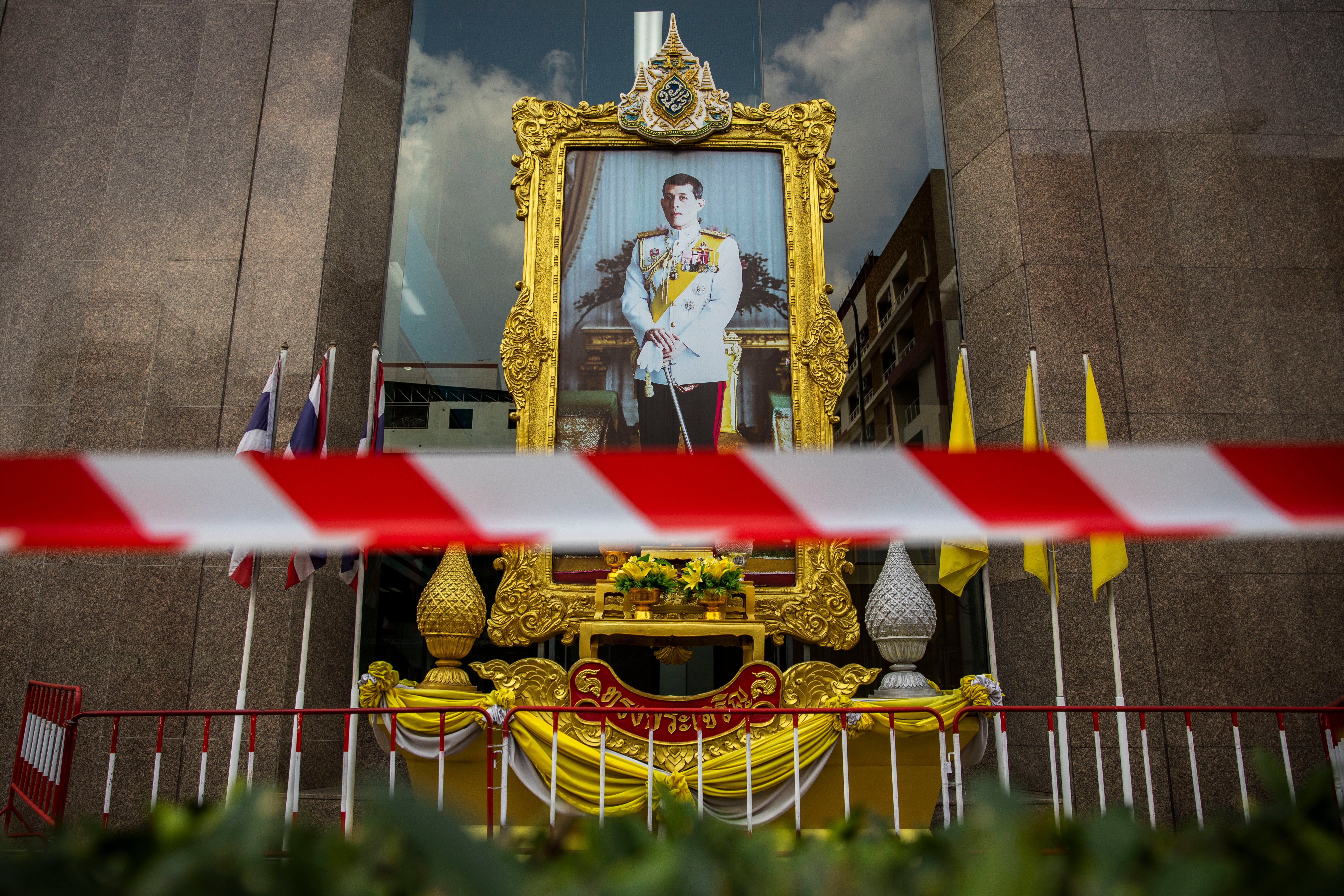 File photo: Police tape is put in front of a portrait of King Vajiralongkorn ahead of a pro-democracy demonstration in Bangkok, Thailand, 25 January 2021