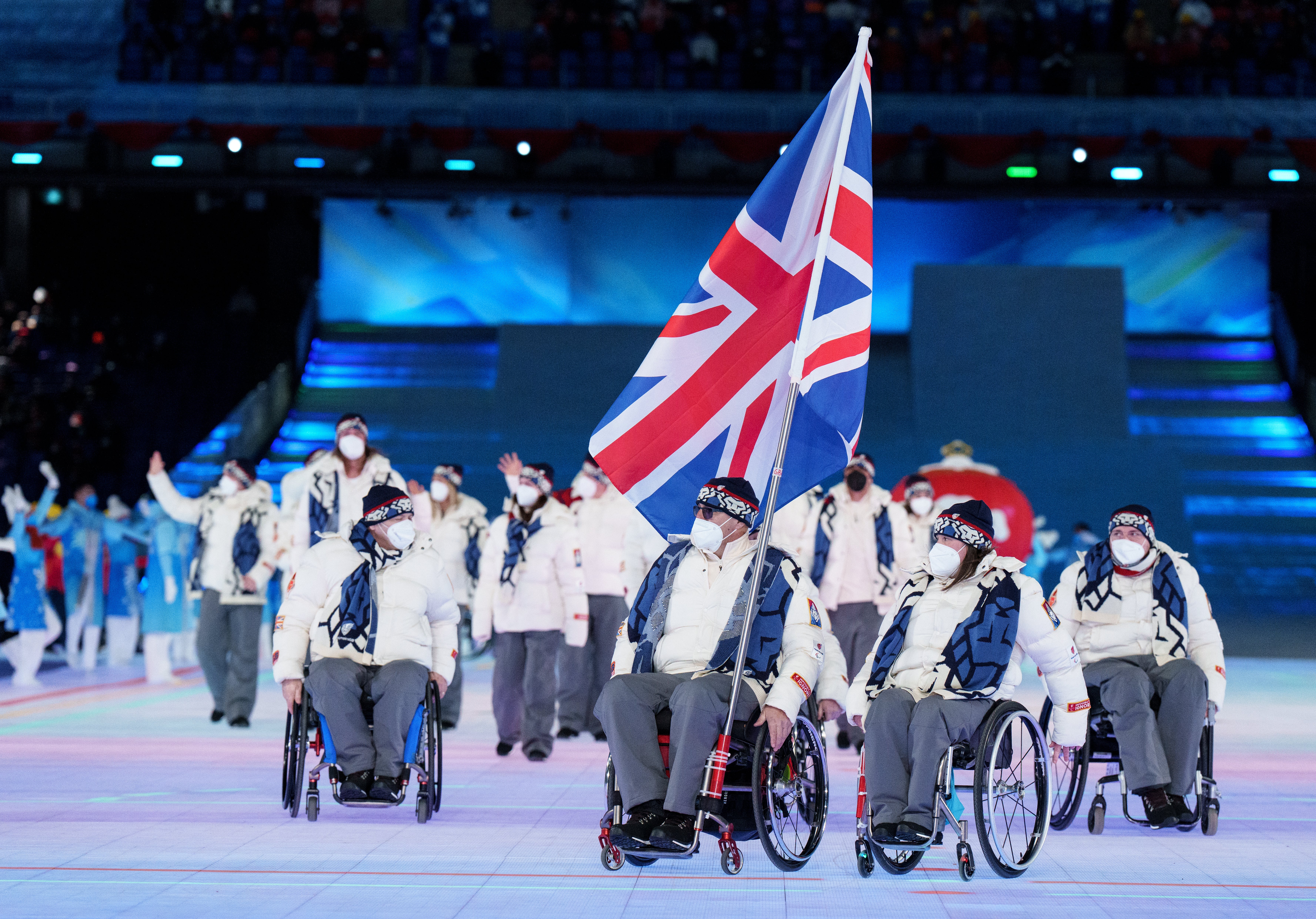 Wheelchair curlers Meggan Dawson-Farrell and Gregor Ewan carried the flag for the Great Britain Paralympic team during the athlete parade in Beijing (Joe Toth for OIS/PA)