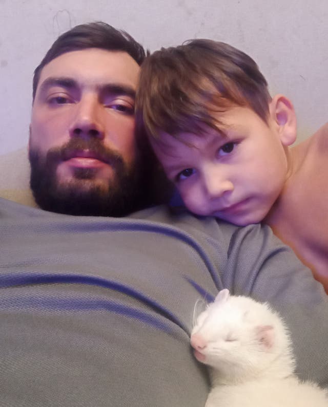 <p>Five-year-old Semyon (R) has died after he and his family, including his father Anton (L) were shot by Russian forces. </p>