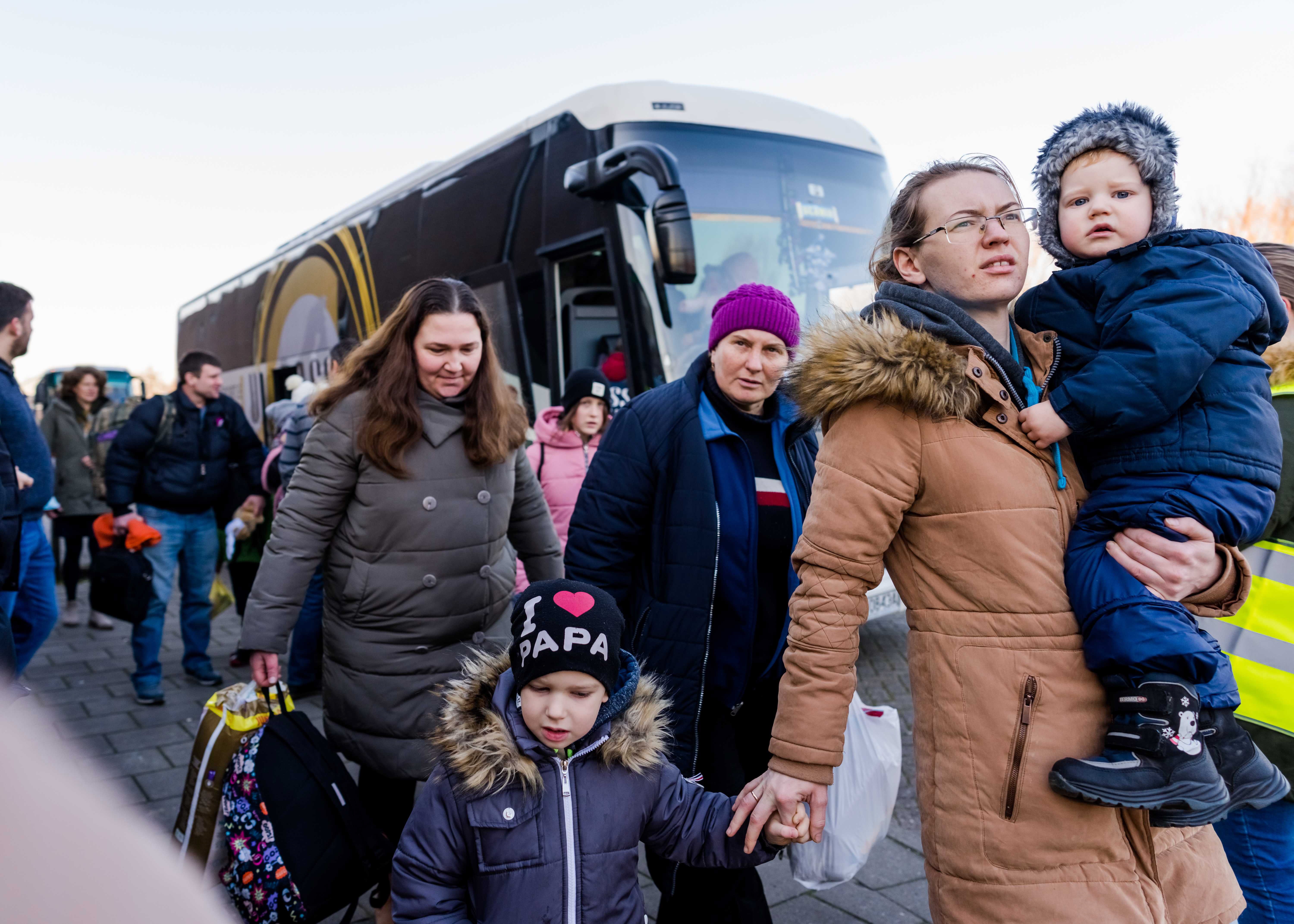 Ukrainian refugees arrive by bus to Netherlands