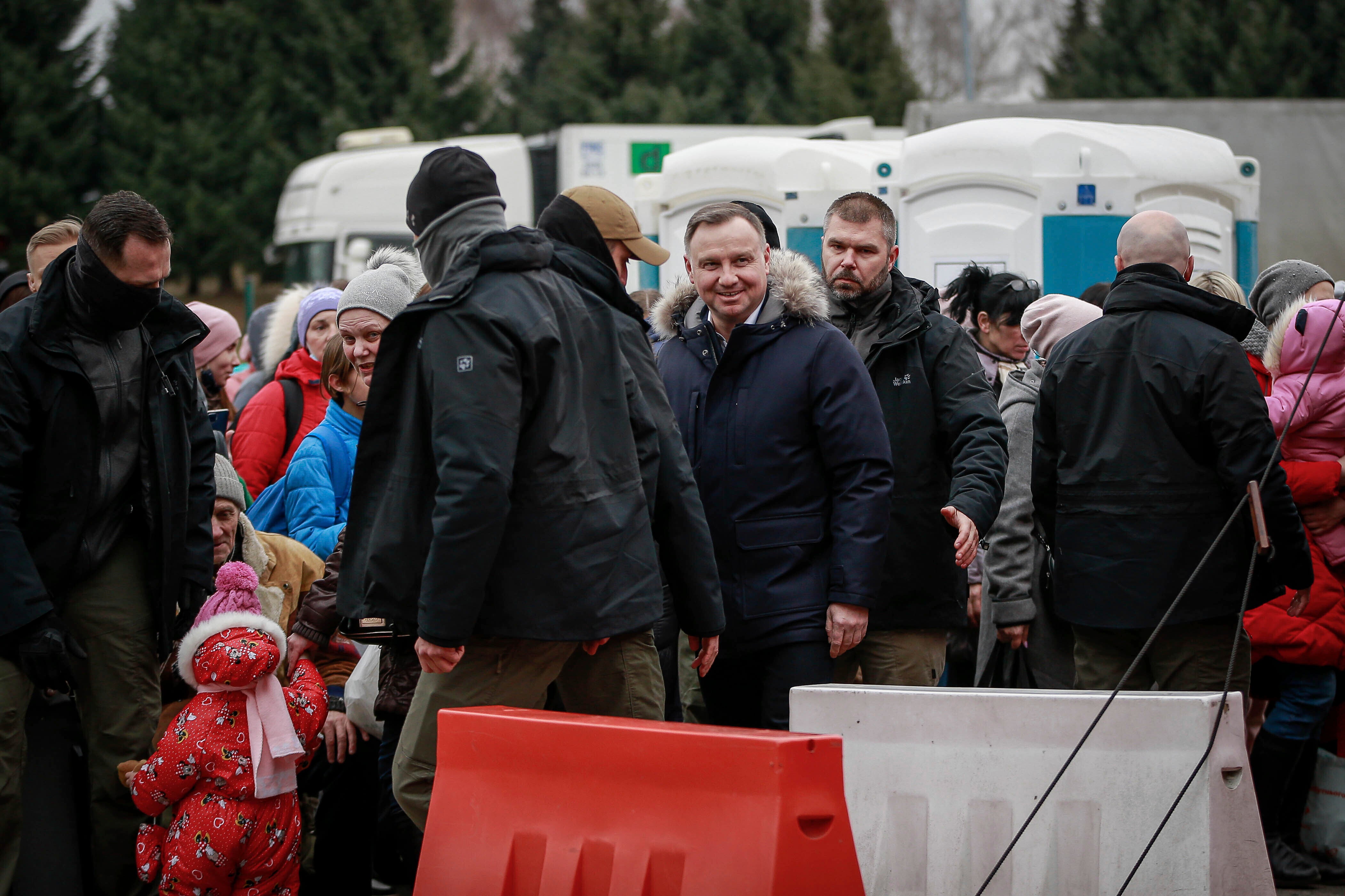 Polish president Andrzej Duda visits the border crossing Korczowa to meet people fleeing war in Ukraine to enter Poland