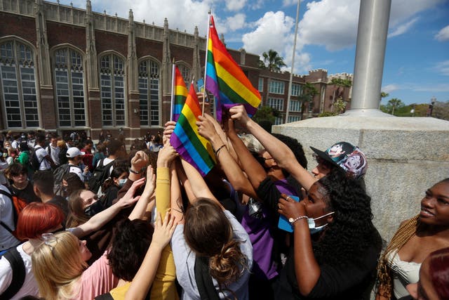 <p>Hillsborough High School students protest a Republican-backed bill dubbed the "Don't Say Gay" that would prohibit classroom discussion of sexual orientation and gender identity</p>