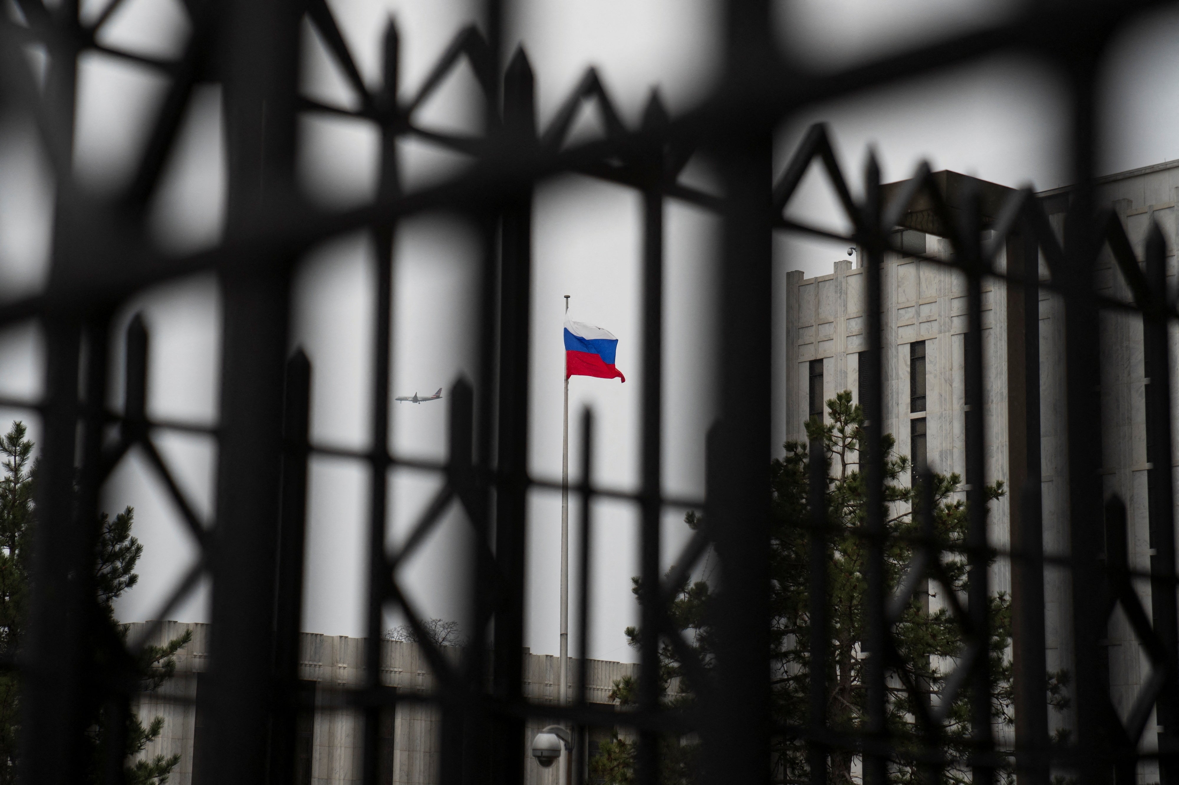 The Russian flag flies above the Embassy of the Russian Federation, near the Glover Park neighborhood of Washington, U.S., February 22, 2022
