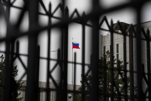 <p>The Russian flag flies above the Embassy of the Russian Federation, near the Glover Park neighborhood of Washington, U.S., February 22, 2022</p>