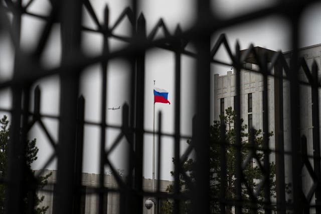 <p>The Russian flag flies above the Embassy of the Russian Federation, near the Glover Park neighborhood of Washington, U.S., February 22, 2022</p>