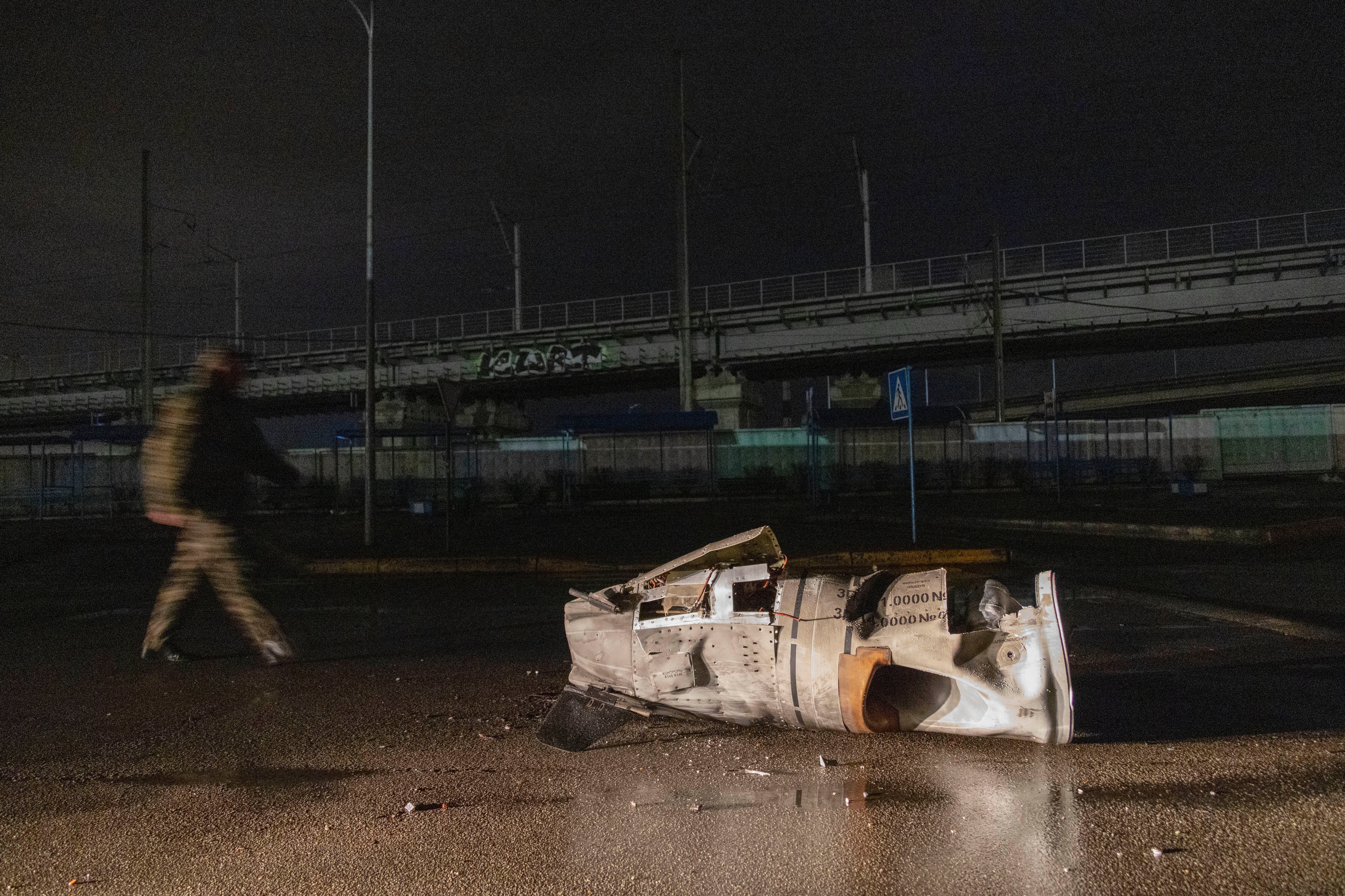 The remains of a Russian missile lies on the ground in Kyiv, Ukraine (Andriy Dubchak/AP)