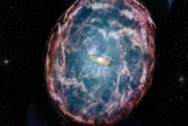 <p>An artist’s conception illustrates the aftermath of a ‘kilonova,’ a powerful event that happens when two neutron stars merge</p>