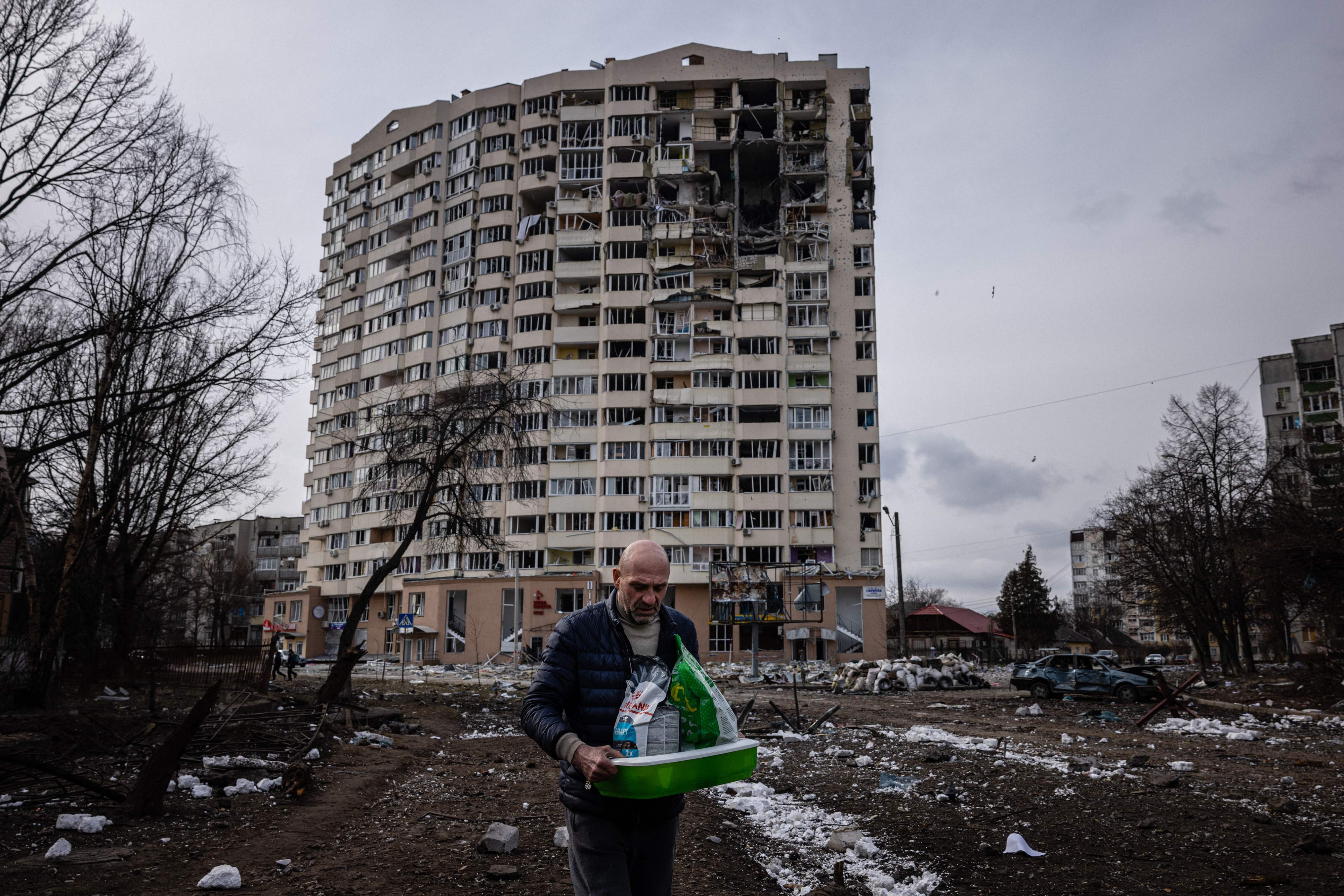 A residential building damaged by shelling in Chernihiv on 3 March
