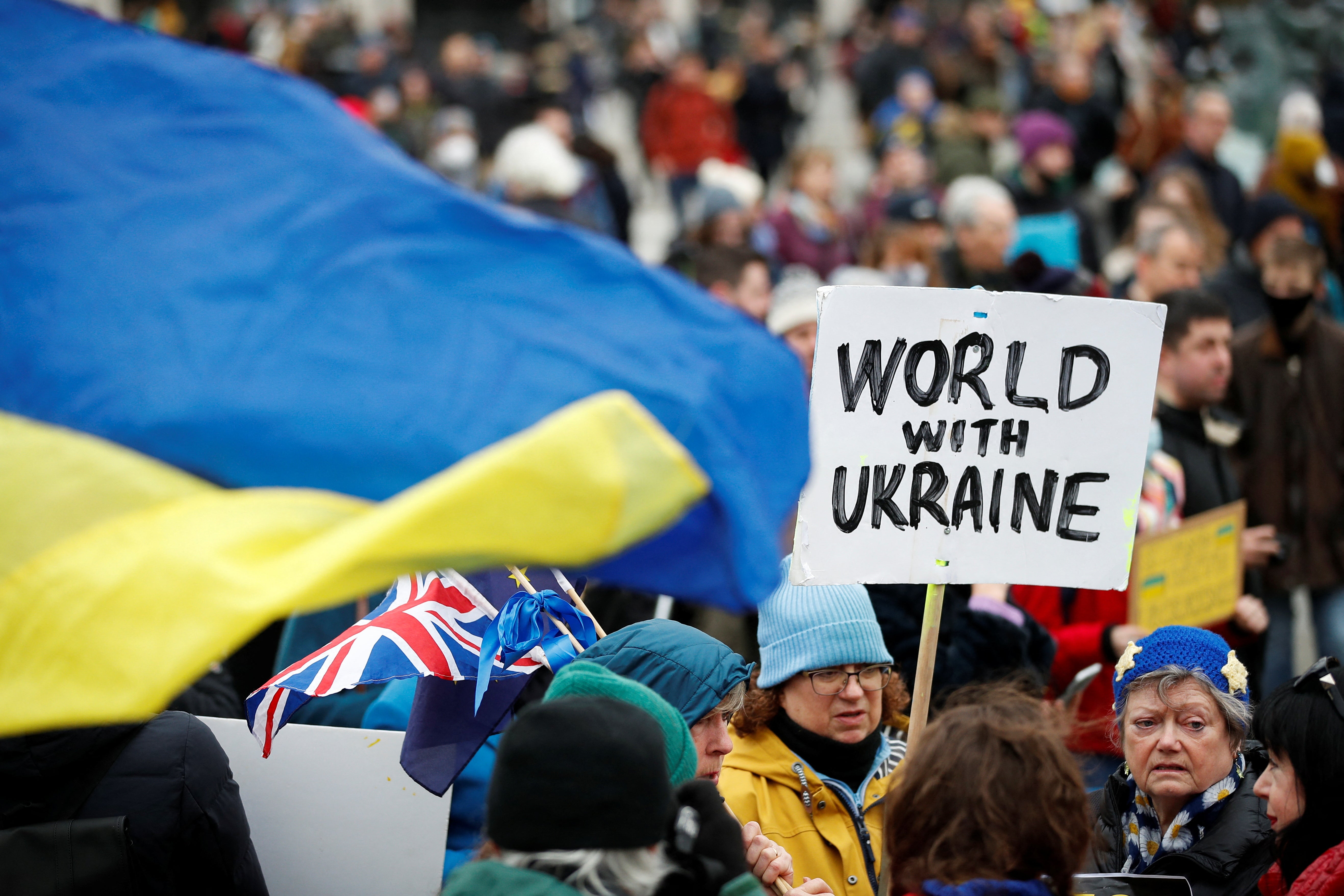 Demonstrators take part in a protest against Russia's invasion of Ukraine, at Trafalgar Square, in London