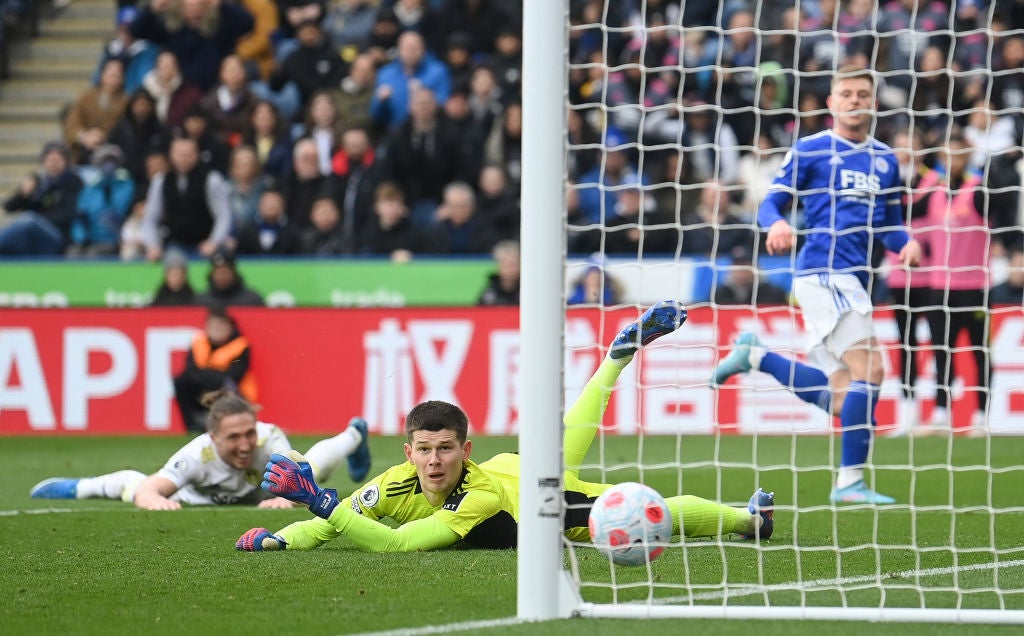 Leeds goalkeeper llan Meslier can only look on as the shot from Harvey Barnes finds the net at the King Power Stadium
