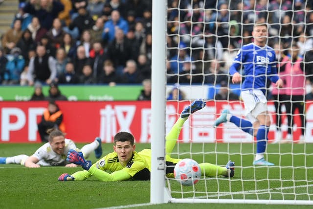 <p>Leeds goalkeeper llan Meslier can only look on as the shot from Harvey Barnes finds the net at the King Power Stadium </p>